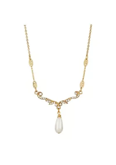 Gold Tone Pearl And Crystal Drop 16"+3" ADJ Necklace