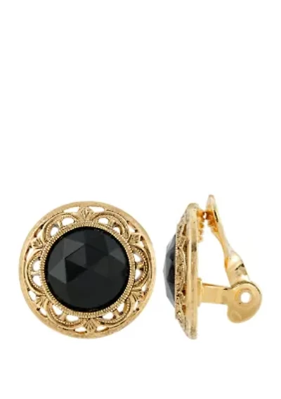 Gold Tone Round Black Faceted Stone Clip Earrings