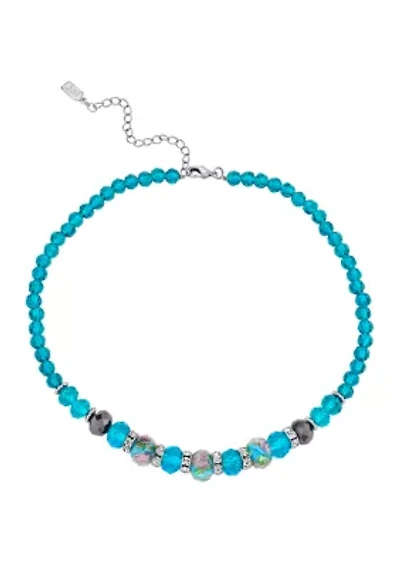 16 Inch Adjustable Silver Tone Aqua Pink Floral Beaded Necklace