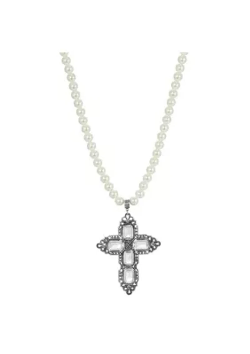 Pewter Rectange Clear Crystal Cross Pearl Necklace 18 In. Adj.