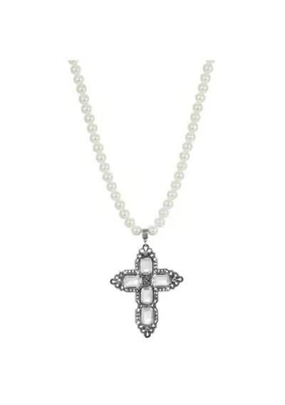Pewter Rectange Clear Crystal Cross Pearl Necklace 18 In. Adj.