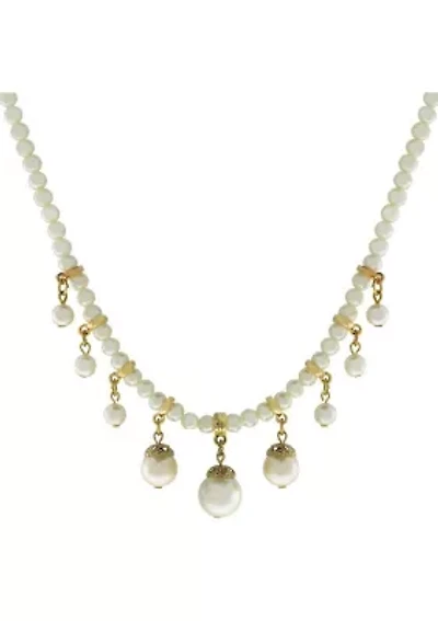 Gold Tone Pearl Chain With Graduated Drop Pearls Necklace 15 In. Adj.