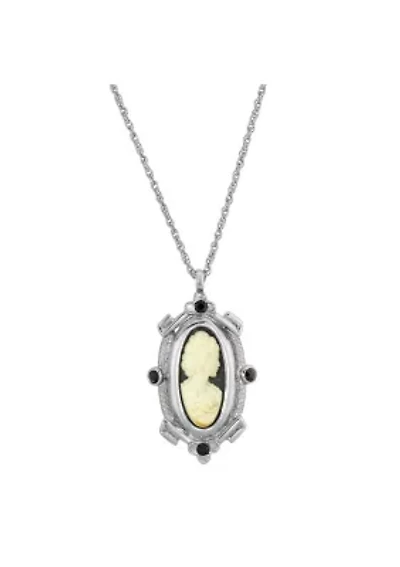 Silver Tone Black and White Oval Cameo Necklace 18 Inch