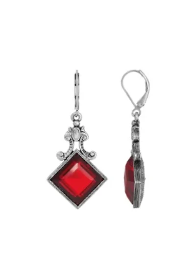 Silver-tone Red Square Drop Earrings