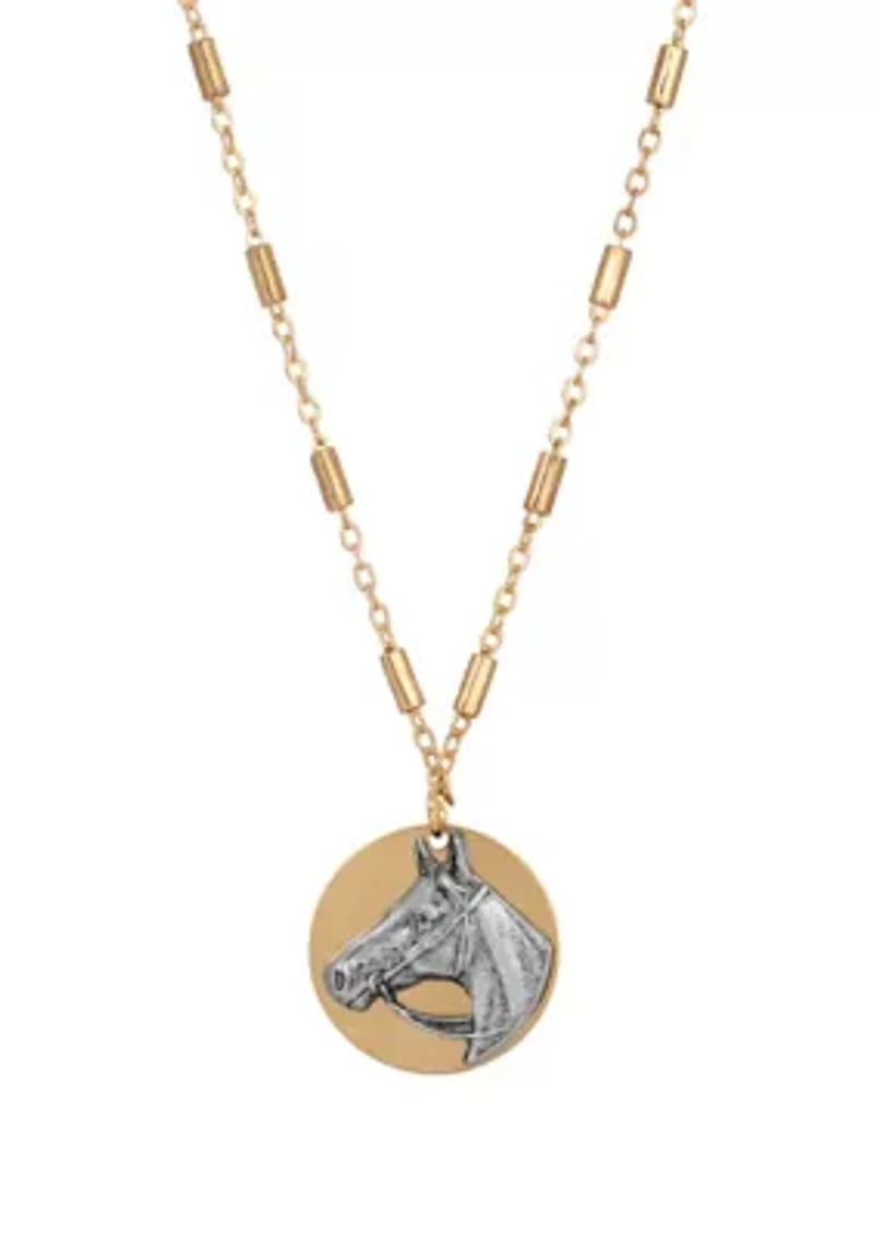 Gold Tone Silver Horse Head Necklace 16" Adj.