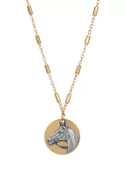 Gold Tone Silver Horse Head Necklace 16" Adj.