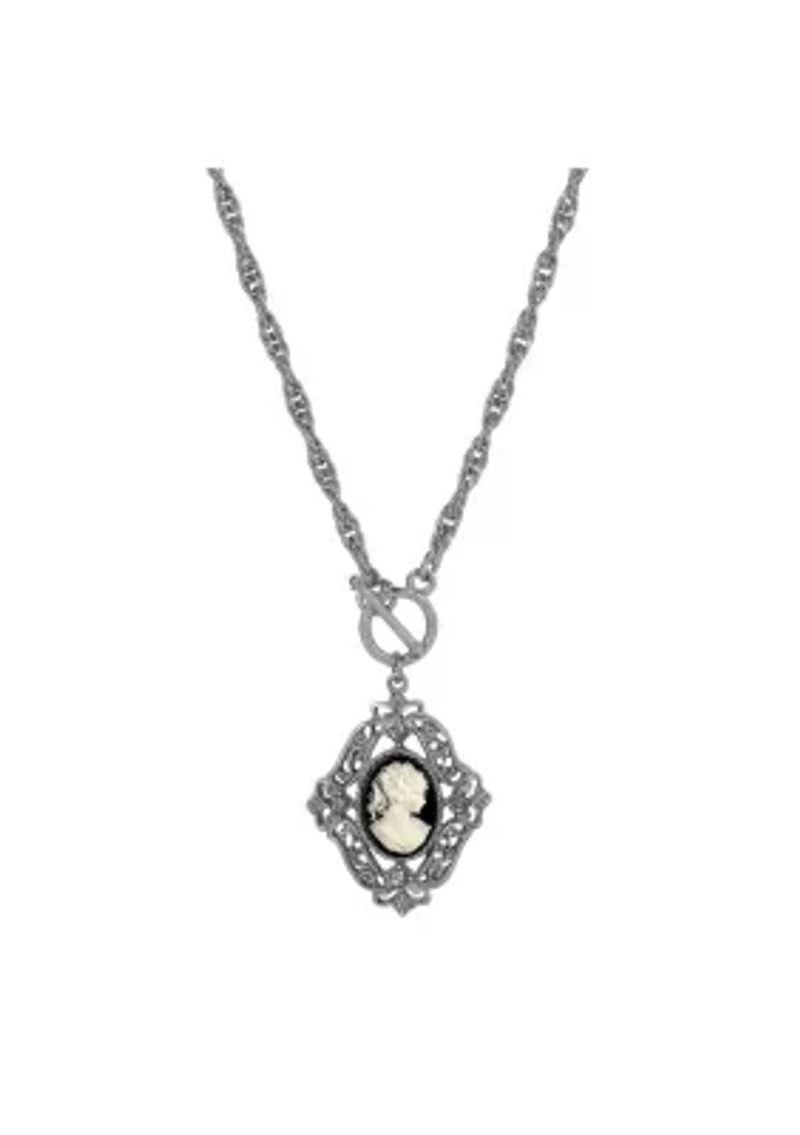 Silver Tone Black & White Cameo 26" Necklace
