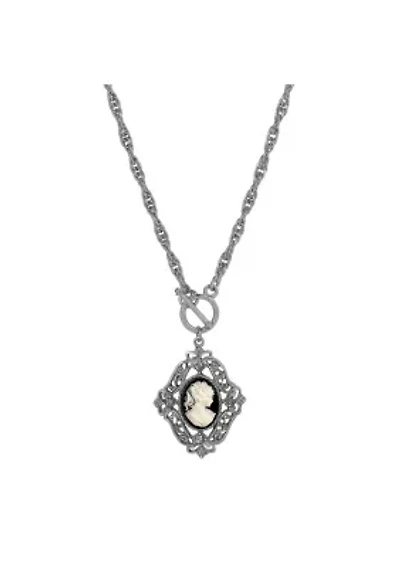 Silver Tone Black & White Cameo 26" Necklace