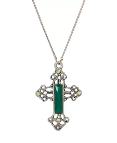Pewter Silver Tone Green Cross 30" Necklace