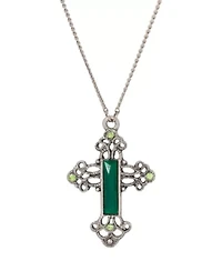 Pewter Silver Tone Green Cross 30" Necklace