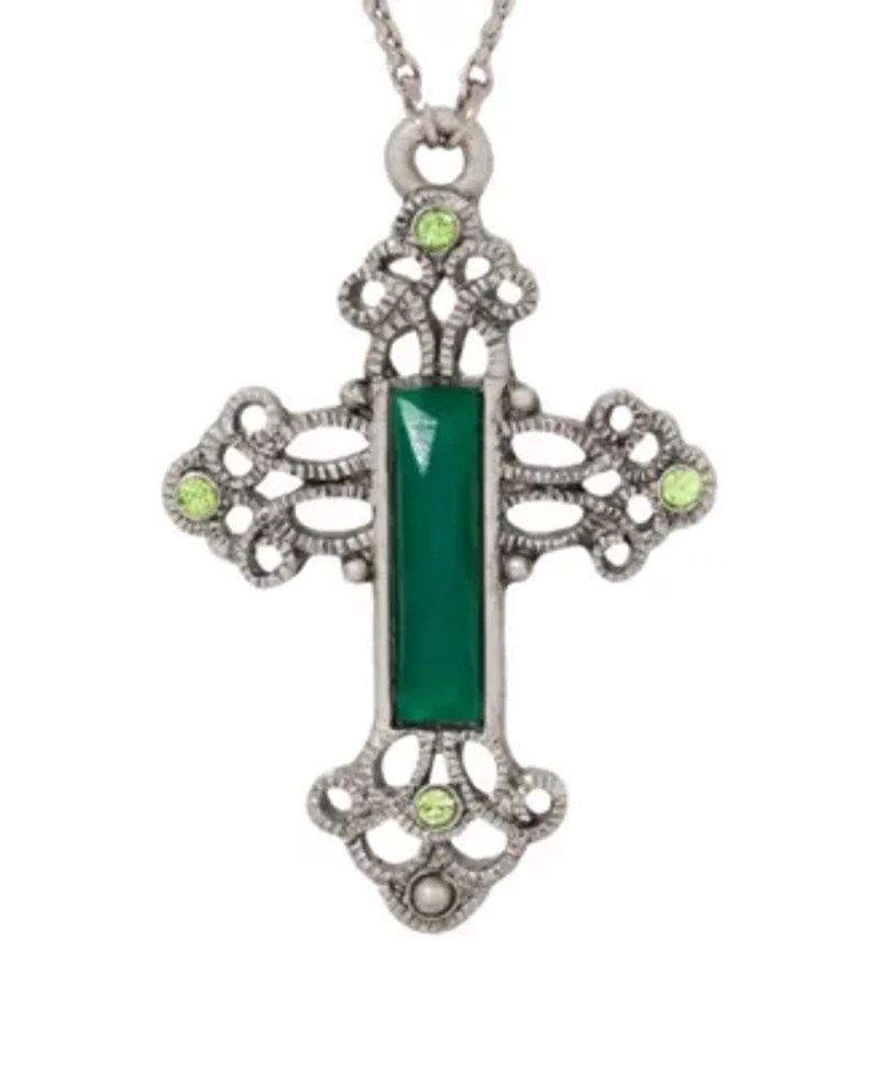 Pewter Silver Tone Green Cross 30" Necklace