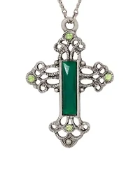 Pewter Silver Tone Green Cross 30" Necklace