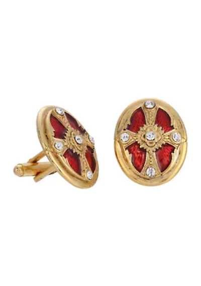 14K Gold-Dipped Crystal Red Enamel Oval Cross Cuff Links