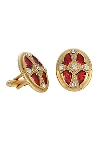 14K Gold-Dipped Crystal Red Enamel Oval Cross Cuff Links