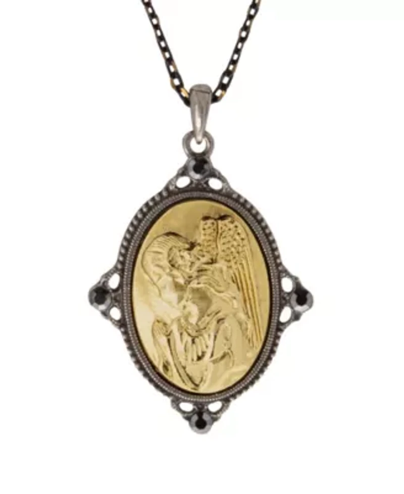Black-Tone Guardian Angel Pendant Necklace 16" Adj.