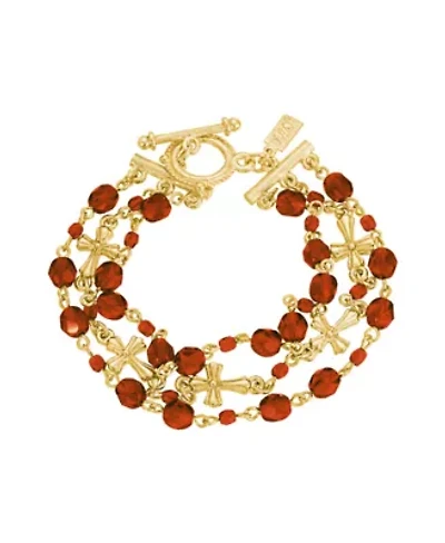 14K Gold-Dipped Red 3-Row Bead and Cross Toggle Bracelet