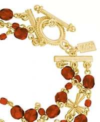 14K Gold-Dipped Red 3-Row Bead and Cross Toggle Bracelet