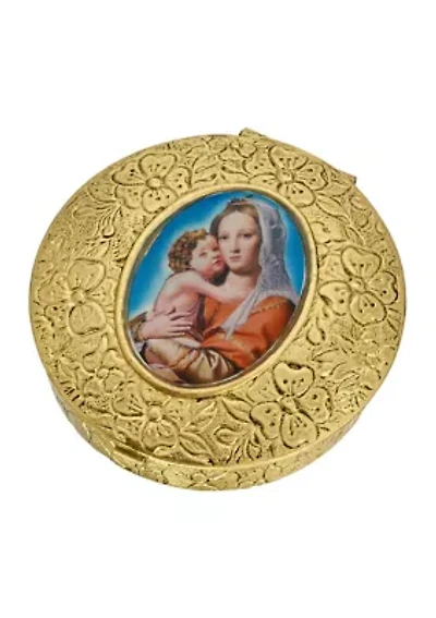 Gold Tone Round Mary and Child Pill Box