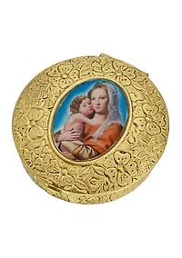 Gold Tone Round Mary and Child Pill Box