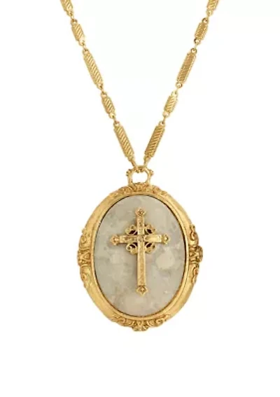 14K Gold Dipped Oval Riverstone Cross Pendant Necklace - 30"