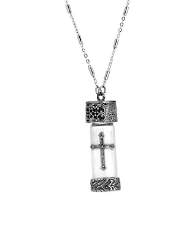 Antique Pewter Glass Cross Vial w/ Screw Cap Necklace 30"