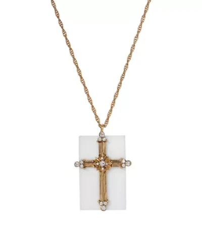 14K Gold Dipped White Quartz Crystal Cross Necklace 28"