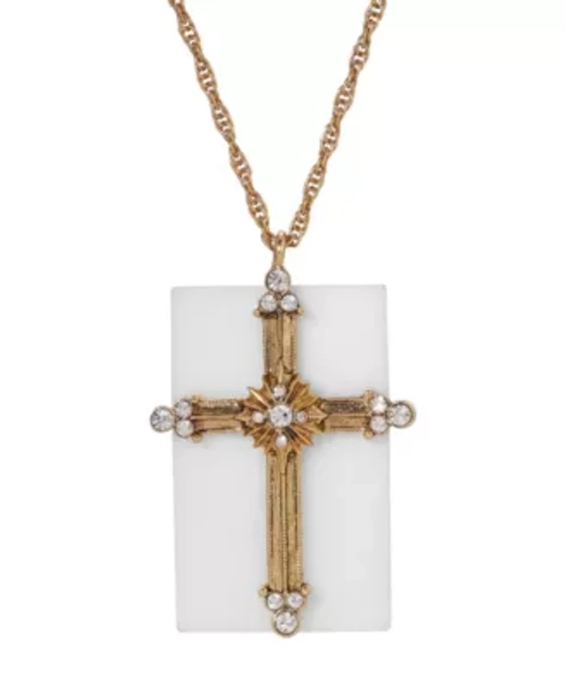 14K Gold Dipped White Quartz Crystal Cross Necklace 28"
