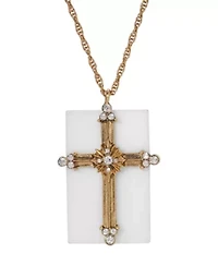 14K Gold Dipped White Quartz Crystal Cross Necklace 28"