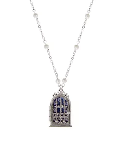 Silver Tone Blue Enamel Cross House Locket Necklace 24"