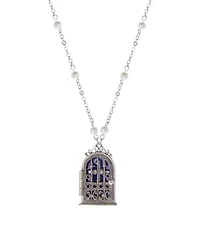 Silver Tone Blue Enamel Cross House Locket Necklace 24"