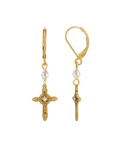 14K Gold Dipped Crystal Cross Leverback Earrings