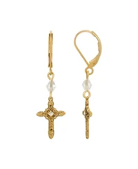 14K Gold Dipped Crystal Cross Leverback Earrings