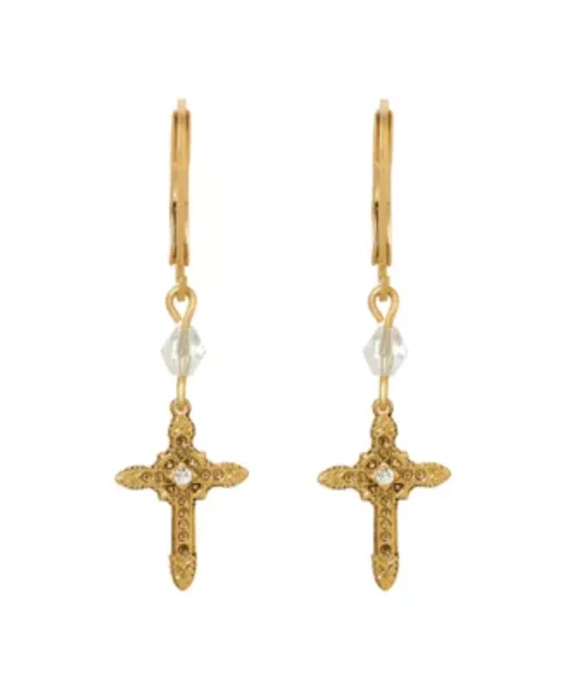 14K Gold Dipped Crystal Cross Leverback Earrings