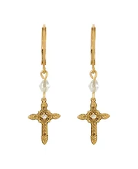 14K Gold Dipped Crystal Cross Leverback Earrings