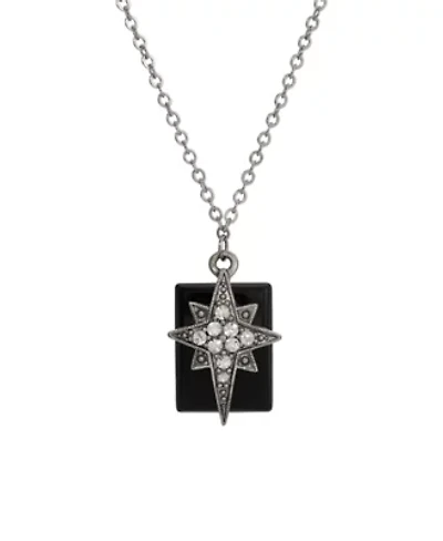 Pewter Crystal Star of Bethlehem Onyx Rectangle Necklace 16"