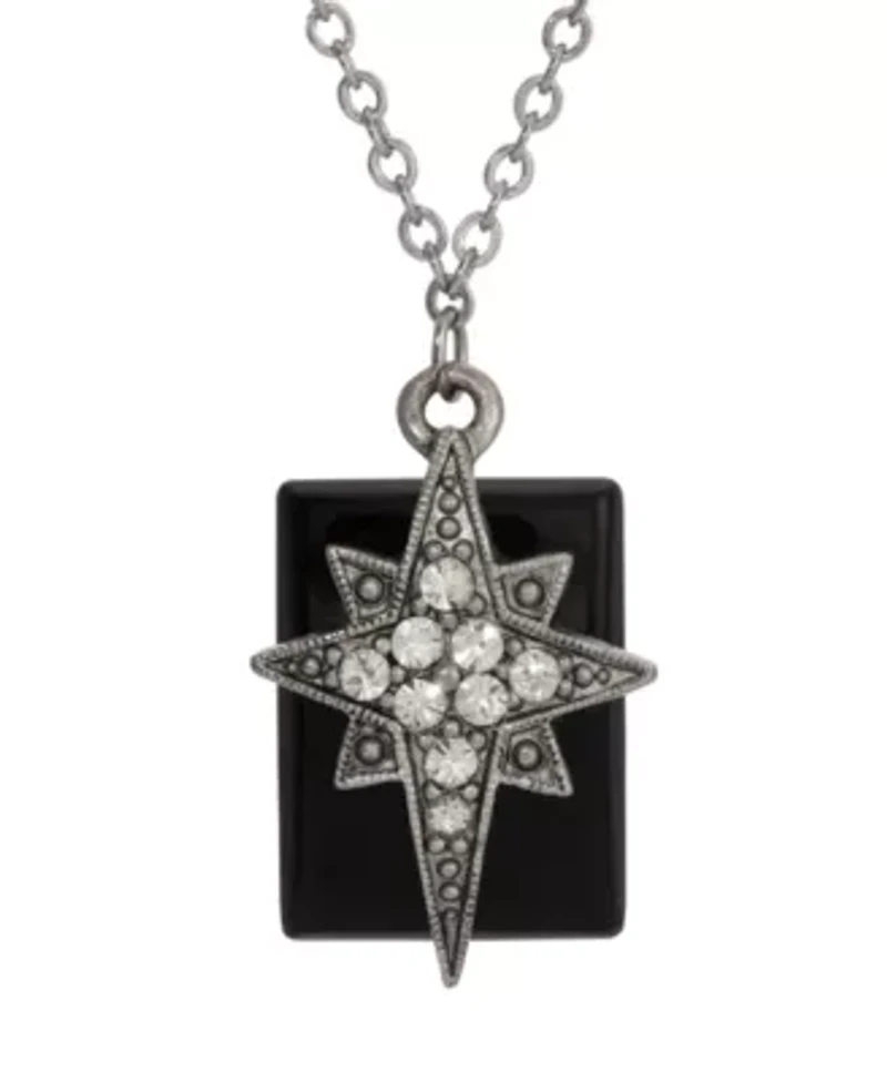 Pewter Crystal Star of Bethlehem Onyx Rectangle Necklace 16"