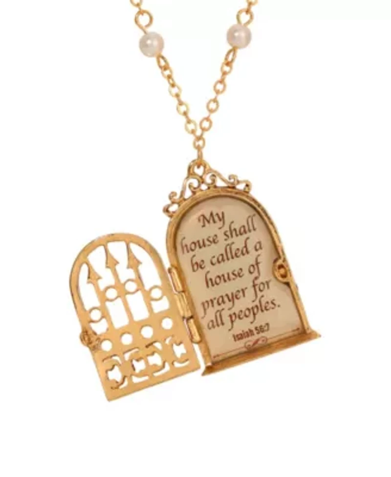 Gold Tone My Prayer House Locket Faux Pearl Necklace 24"