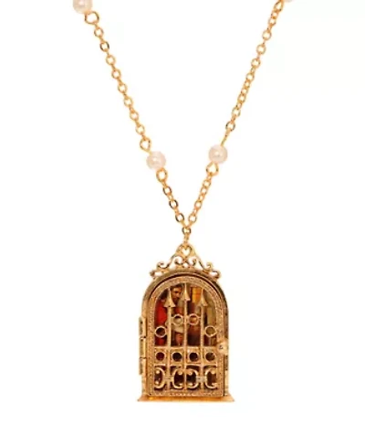 Gold Tone Jesus Decal Locket Faux Pearl Necklace 24"