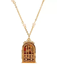 Gold Tone Jesus Decal Locket Faux Pearl Necklace 24"
