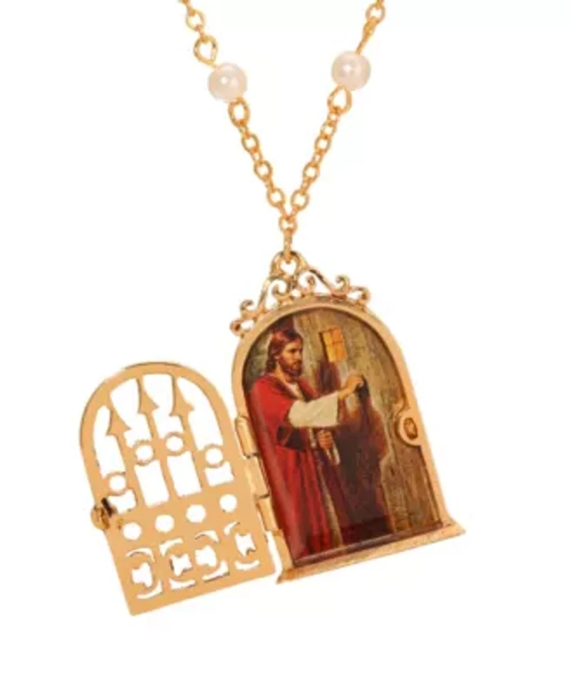 Gold Tone Jesus Decal Locket Faux Pearl Necklace 24"