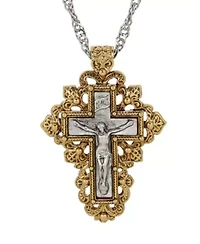 Two-Tone Filigree Crucifix Necklace 24"