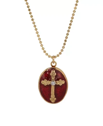 Gold Tone Red Cross Locket Necklace 18"