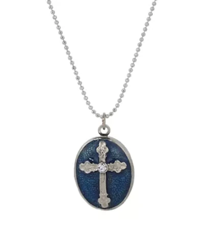 Silver Tone Blue Cross Locket Necklace 18"