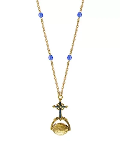 14K Gold Dipped Blue Cross Hail Mary Spinner Necklace 28"