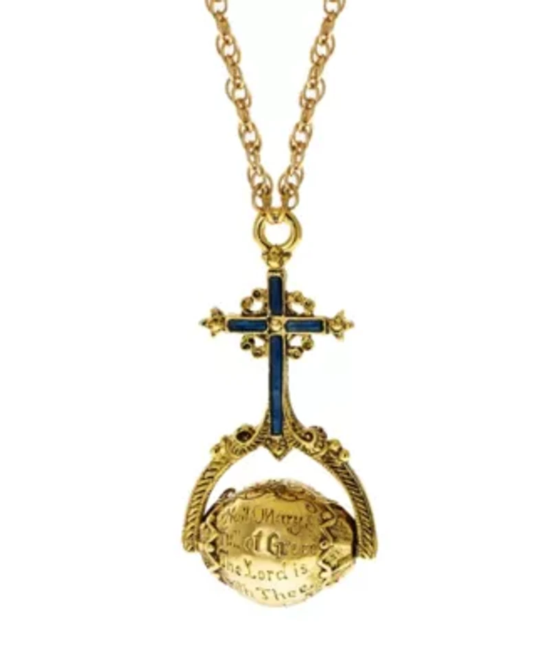 14K Gold Dipped Blue Cross Hail Mary Spinner Necklace 28"