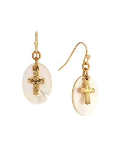 Gold Tone Cross Mother Of Pearl Wire Earrings