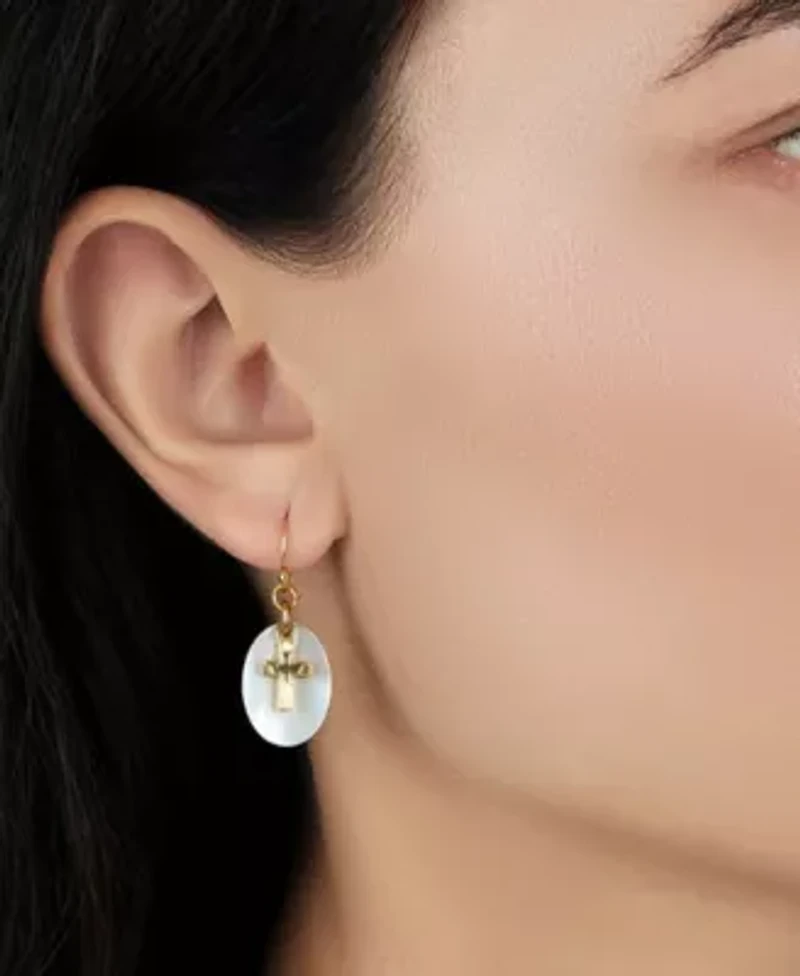 Gold Tone Cross Mother Of Pearl Wire Earrings