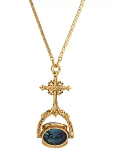 Cross Blue Stones Spinner Necklace 30"