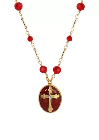 Red Enamel Cross Oval Locket 16"