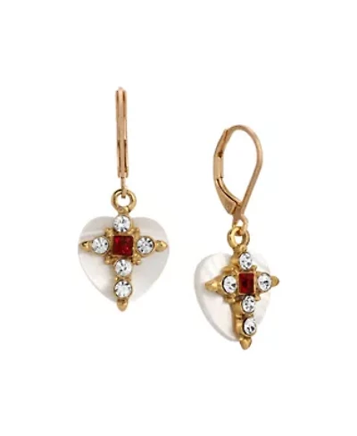 Gold Tone MOP Heart Red Crystal Cross Leverback Earrings
